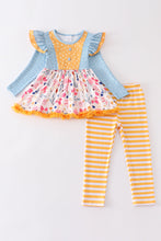 Blue floral print ruffle stripe girl set