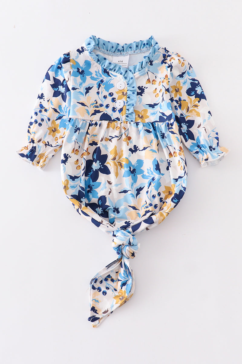Blue floral print  tie bottom ruffle baby gown - ARIA KIDS