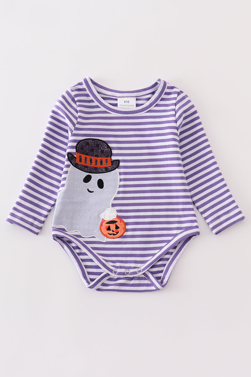 Purple stripe ghost pumpkin applique boy romper - ARIA KIDS