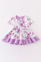Purple floral print ruffle baby romper