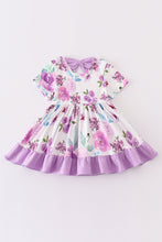 Purple floral print ruffle baby romper