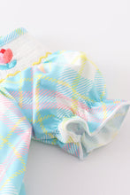 Blue plaid floral smocked baby romper