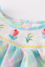 Blue plaid floral smocked baby romper