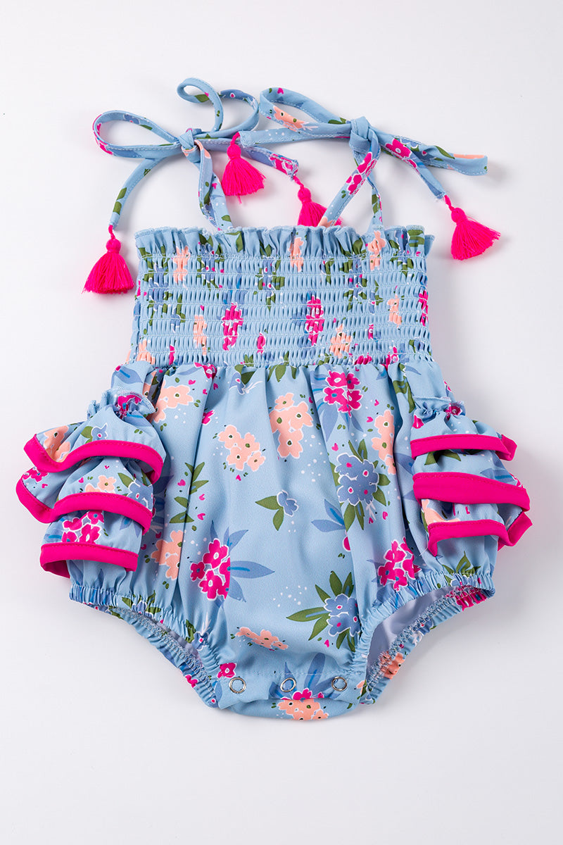 Blue floral smocked ruffle baby romper