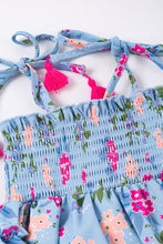 Blue floral smocked ruffle baby romper