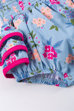 Blue floral smocked ruffle baby romper