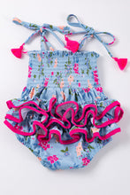 Blue floral smocked ruffle baby romper