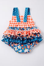 Orange plaid floral ruffle strap girl romper - ARIA KIDS