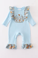Blue floral pumpkin applique ruffle baby romper