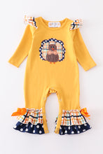 Mustard thanksgiving turkey applique ruffle romper