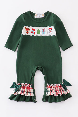 Green christmas smocked ruffle girl romper