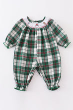 Green plaid santa claus smocked baby romper