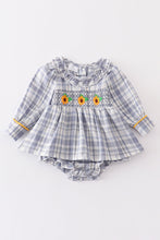 Blue plaid sunflower smocked ruffle bay romper - ARIA KIDS