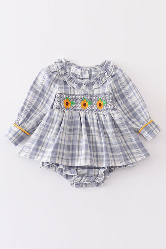 Blue plaid sunflower smocked ruffle bay romper