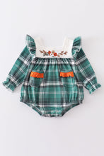 Green plaid floral applique pocket romper - ARIA KIDS
