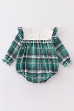 Green plaid floral applique pocket romper - ARIA KIDS