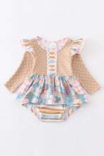Beige floral print ruffle baby girl romper - ARIA KIDS