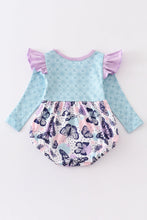 Blue butterfly print ruffle baby romper