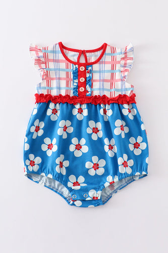 Platinum Blue & white floral print ruffle girl romper - ARIA KIDS