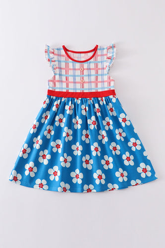 Platinum Blue & white floral print ruffle plaid dress - ARIA KIDS