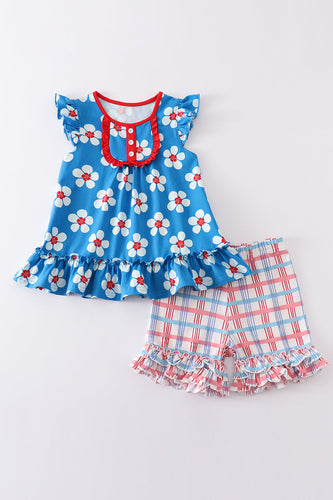 Platinum Blue & white floral print ruffle girl set - ARIA KIDS