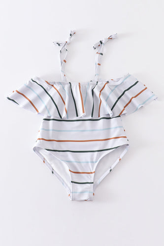 Organic rainbow stripe strap girl swimsuit one piece UPF50+