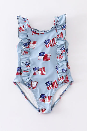 Blue patriotic flag print ruffle girl swimsuit UPF50+ - ARIA KIDS