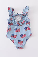 Blue patriotic flag print ruffle girl swimsuit UPF50+ - ARIA KIDS