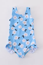 Blue daisy print one-piece girl swimsuit UPF50+ - ARIA KIDS