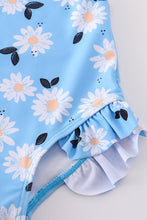 Blue daisy print one-piece girl swimsuit UPF50+ - ARIA KIDS