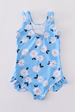 Blue daisy print one-piece girl swimsuit UPF50+ - ARIA KIDS