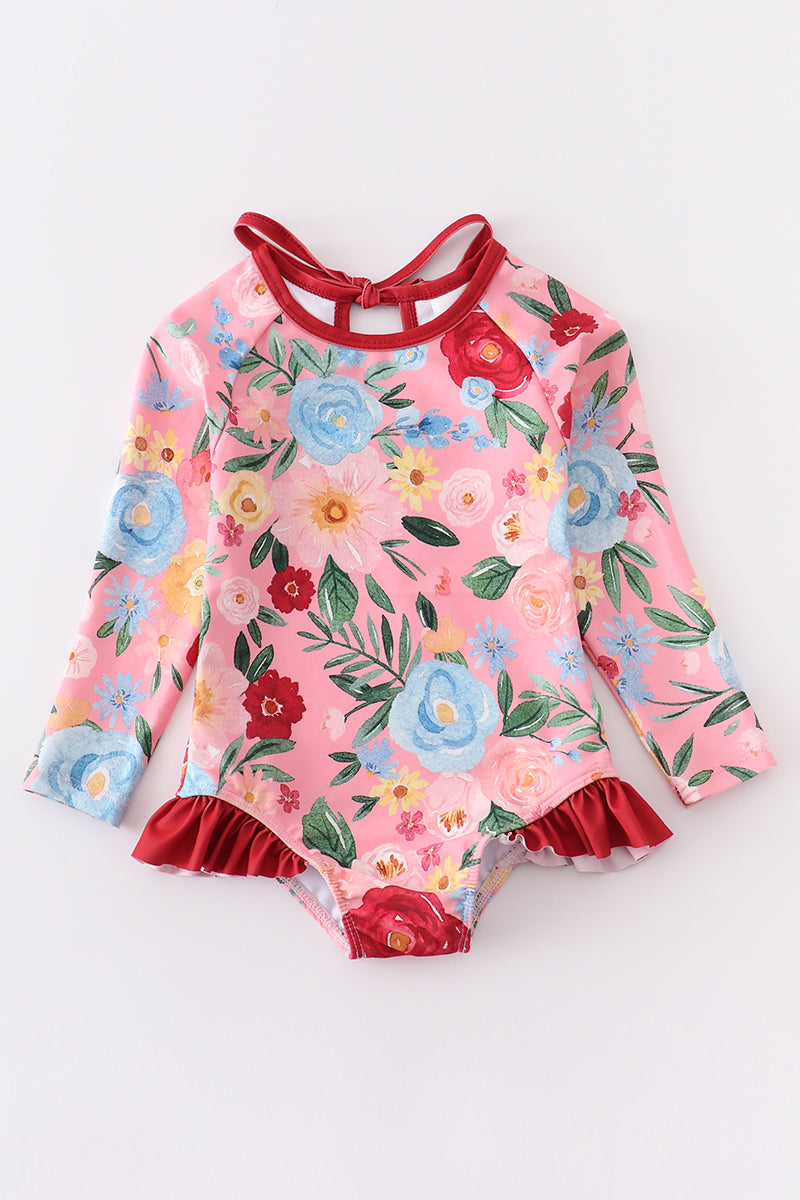Pink floral print  ruffle swimsuit - ARIA KIDS
