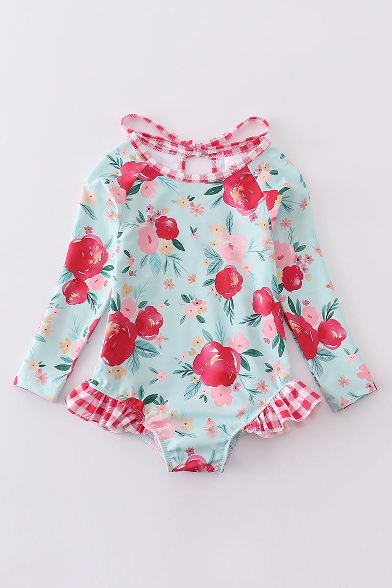 Mint floral print girl rashguard ruffle swimsuit