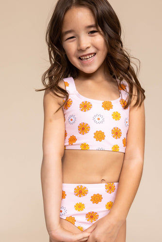 Orange floral print 2pc girl swimsuit (size run small, go up 2-3 sizes)