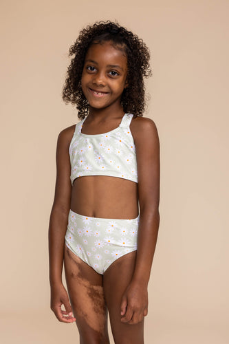 Green daisy print 2pc girl swimsuit (size run small, go up 1-2 sizes)