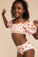 Orange floral print smocked 2pc girl swimsuit (size run small, go up 2-3 sizes)