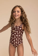 Warm brown floral print tie one piece girl swimsuit - ARIA KIDS