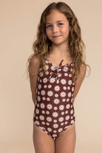 Warm brown floral print tie one piece girl swimsuit - ARIA KIDS