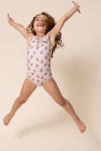 Brown floral print tie one piece girl swimsuit - ARIA KIDS