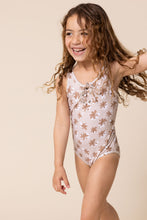 Brown floral print tie one piece girl swimsuit - ARIA KIDS