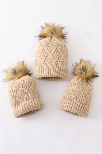 Beige cross cable knit pom pom beanie hat baby toddler adult - ARIA KIDS