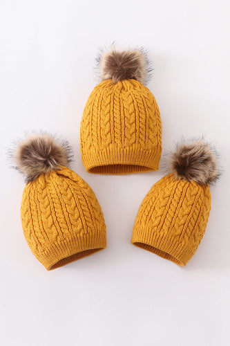 Mustard cable knit pom pom beanie hat baby toddler adult