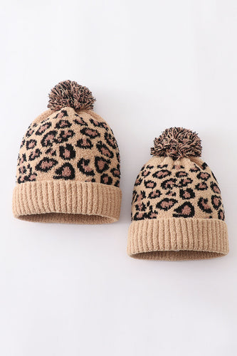 Camel leopard pom pom beanie hat toddler adult