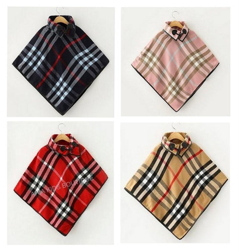 Girls Size - ARIA Plaid Collared Poncho - in 4 Colors - ARIA KIDS