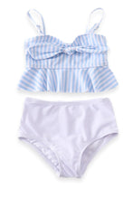 Mommy and Me Blue & White Striped High Waisted 2-Piece Swim suit - ARIA KIDS