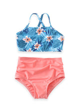 Mommy and Me Blue & Peach Tropical Floral High Waisted 2-Piece Swim Suit - ARIA KIDS