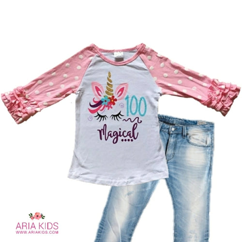 Magical Unicorn 100 Days Girls Ruffle Raglan Shirt - ARIA KIDS