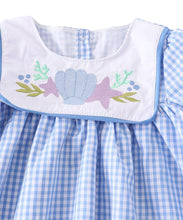 Blue & White Starfish & Shells Gingham Plaid Smocked Girls Dress - ARIA KIDS