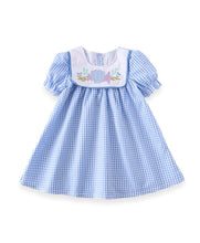 Blue & White Starfish & Shells Gingham Plaid Smocked Girls Dress - ARIA KIDS