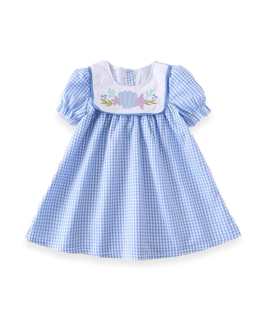 Blue & White Starfish & Shells Gingham Plaid Smocked Girls Dress - ARIA KIDS